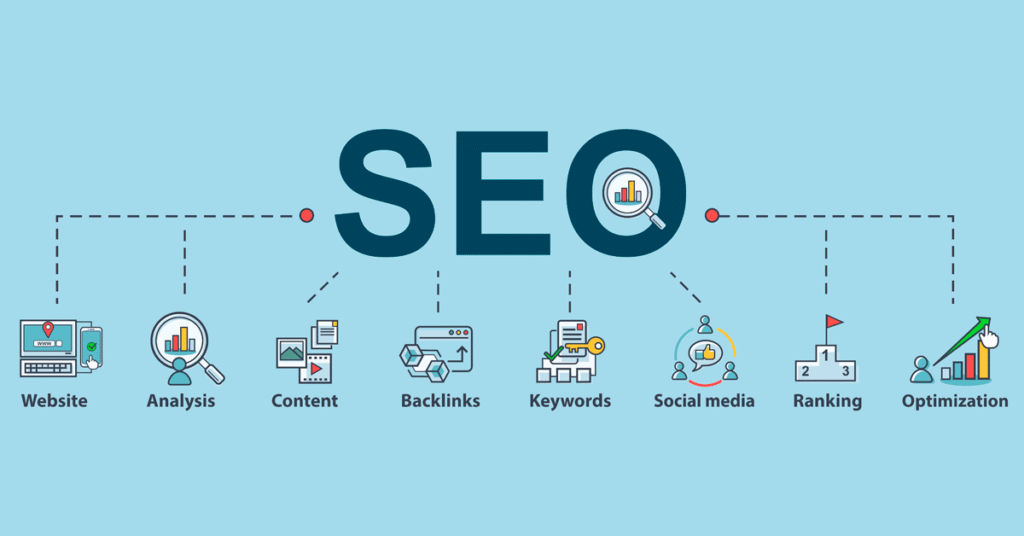 a blue text with icons and symbols